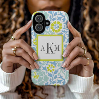 Blue and Green Floral Damask Custom Monogram iPhone 16 Case