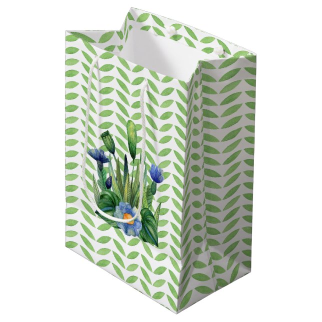 Blue And Green Floral Garden Medium Gift Bag (Front Angled)