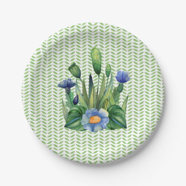 Blue And Green Floral Garden Paper Plate (Front)