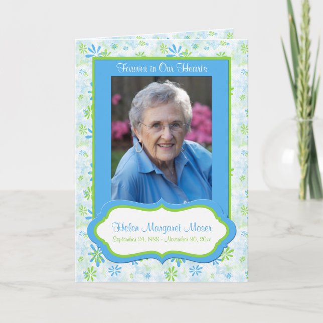 Blue and Green Floral Memorial Card with Photo (Front)