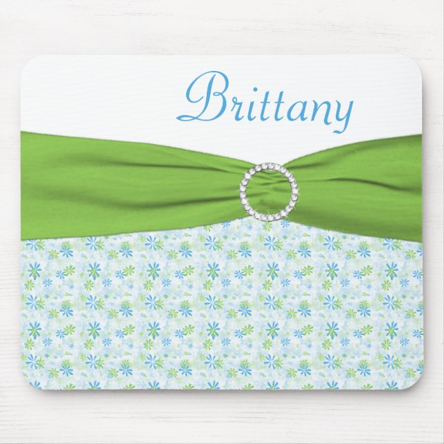 Blue and Green Floral Mousepad with Name (Front)