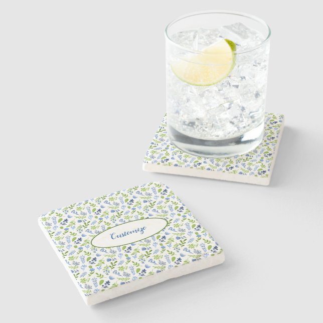 Blue and Green Floral Print  Stone Coaster (Side)