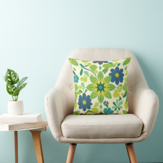 Blue and Green Floral Square Throw Pillow