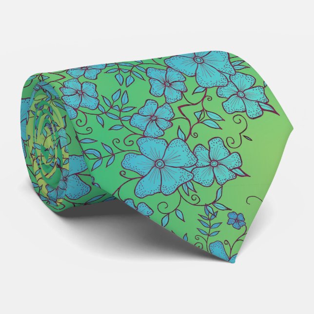 Blue and Green Flower Pattern Tie (Rolled)