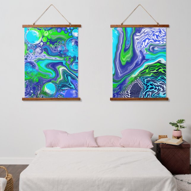 Blue and Green Fluid Art Hanging Tapestry (Bedroom)