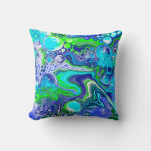 Blue and Green Fluid Art Pour Painting Effect Cushion