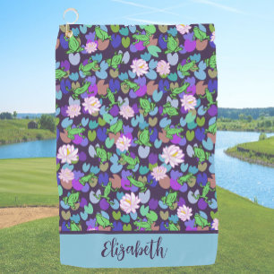 Blue and green frogs custom name ladies golf towel
