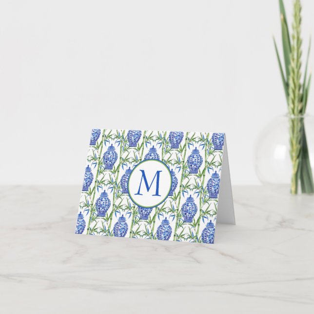 Blue and Green Ginger Jars and Bamboo Monogram Note Card (Front)