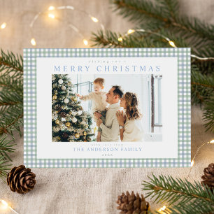 Blue and Green Gingham Christmas Photo Holiday Card