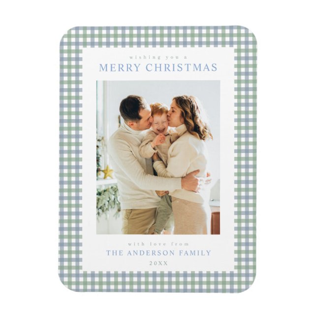 Blue and Green Gingham Christmas Photo Magnet (Vertical)