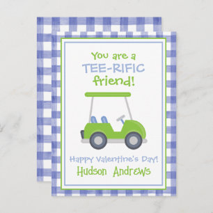 Blue and Green Gingham Golf Cart Valentine's Cards
