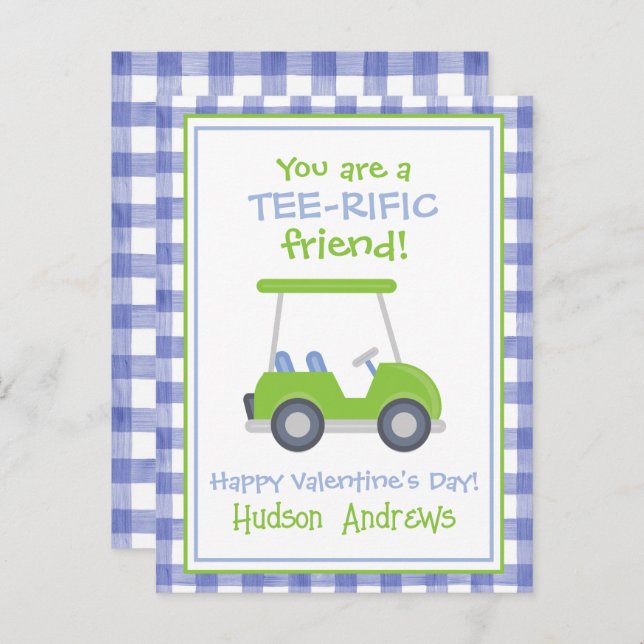 Blue and Green Gingham Golf Cart Valentine's Cards (Front/Back)