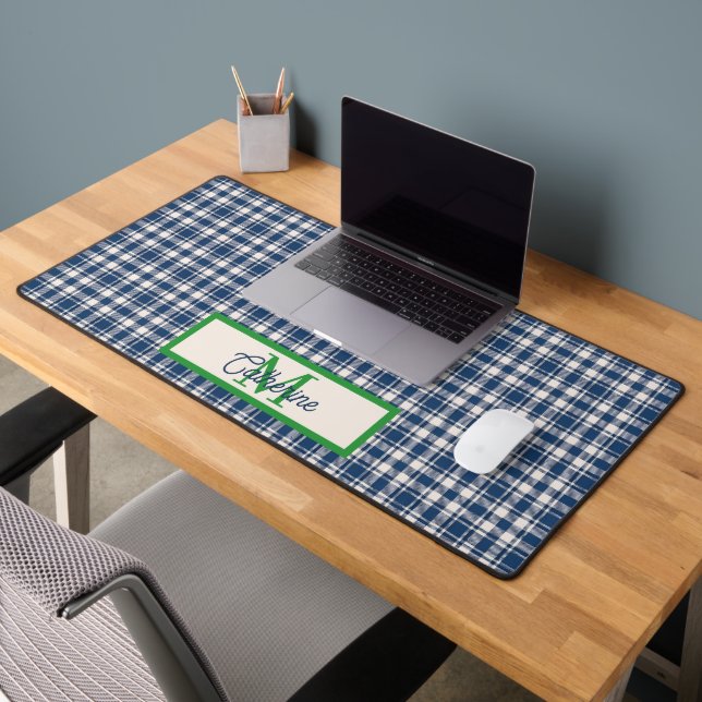 Blue and Green Gingham Plaid Tartan Monogram Desk Mat (Office 2)