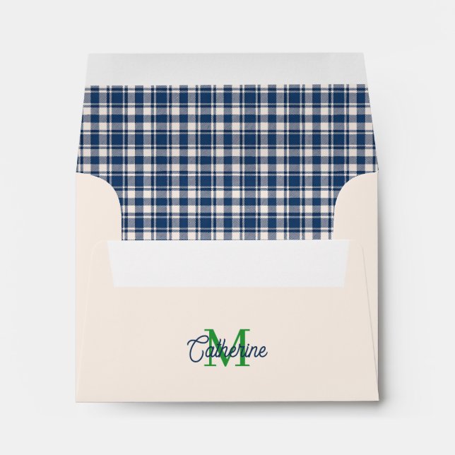 Blue and Green Gingham Plaid Tartan Monogram Envelope (Back (Bottom))