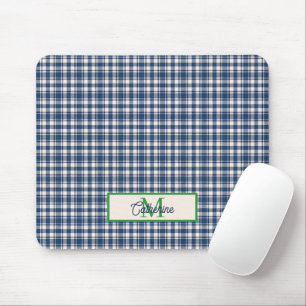Blue and Green Gingham Plaid Tartan Monogram Mouse Pad