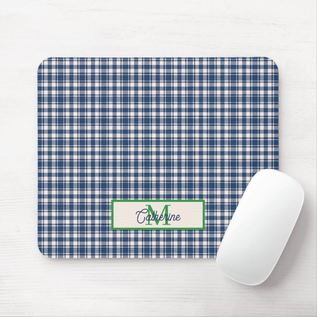 Blue and Green Gingham Plaid Tartan Monogram Mouse Pad (With Mouse)