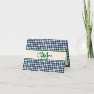 Blue and Green Gingham Plaid Tartan Monogram Note Card