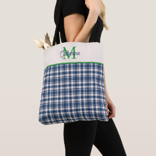 Blue and Green Gingham Plaid Tartan Monogram Tote Bag