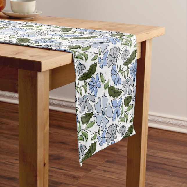 Blue and Green Hand Drawn Floral Block Print Short Table Runner (In Situ)