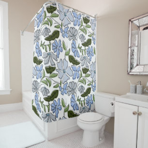 Blue and Green Hand Drawn Floral Block Print Shower Curtain