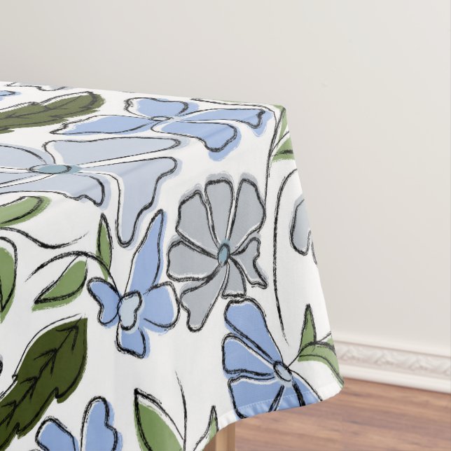 Blue and Green Hand Drawn Floral Block Print Tablecloth (In Situ)