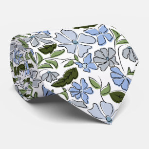 Blue and Green Hand Drawn Floral Block Print Tie
