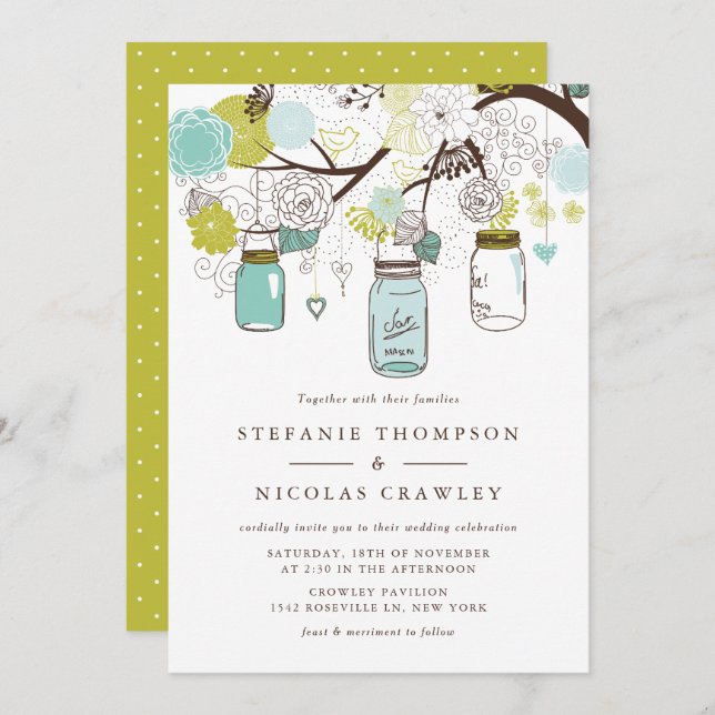 Blue and Green Hanging Mason Jars Wedding Invitation (Front/Back)