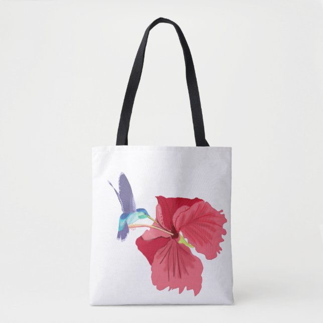 Blue and Green Hummingbird and red Hibiscus  Tote Bag (Front)