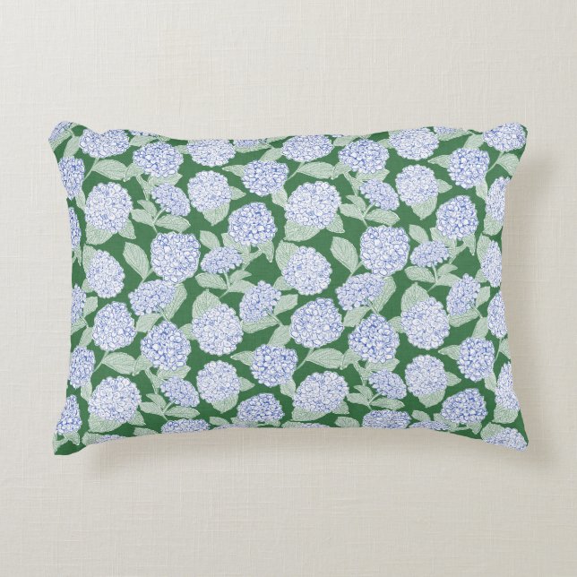 Blue and Green Hydrangea Floral Decorative Cushion (Front)