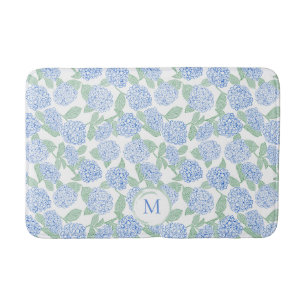 Blue and Green Hydrangea Floral Pattern Monogram Bath Mat