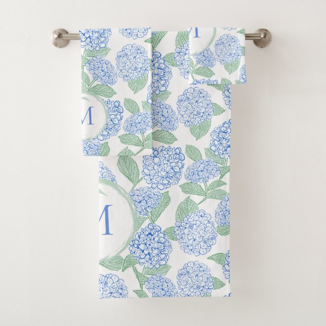 Blue and Green Hydrangea Floral Pattern Monogram Bath Towel Set (Insitu)