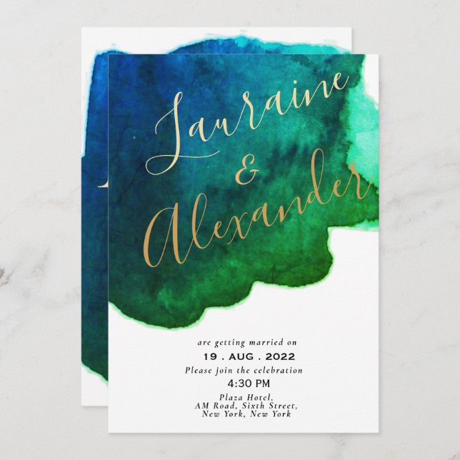 Blue and green ink watercolor abstract splash  invitation (Front/Back)