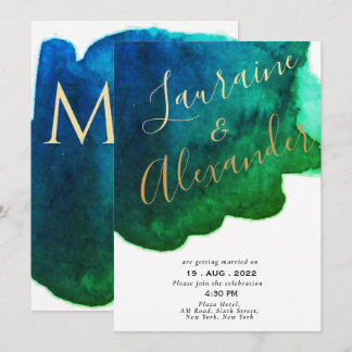 Blue and green ink watercolor abstract splash invitation