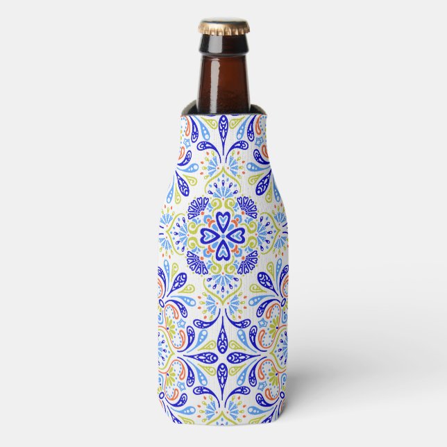 Blue and green kaleidoscope pattern bottle cooler (Bottle Front)