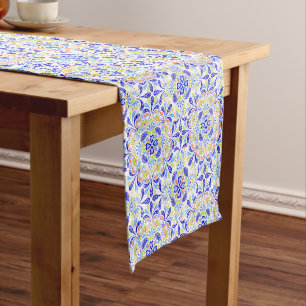 Blue and green kaleidoscope pattern short table runner