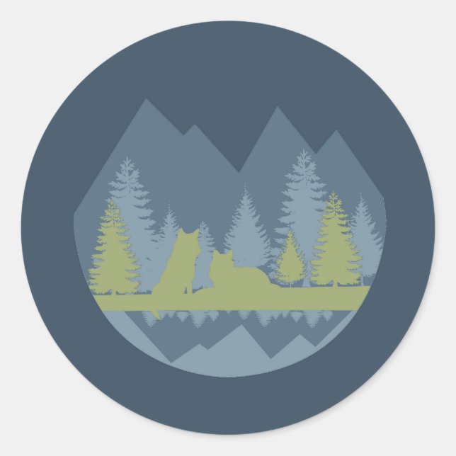 Blue and Green Landscape With Wolves and Mountains Classic Round Sticker (Front)