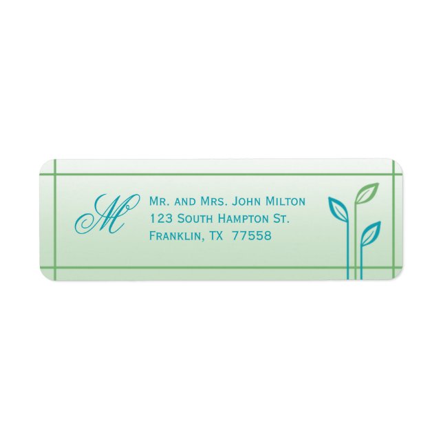 Blue and Green Leaf Wedding Return Address Label (Front)
