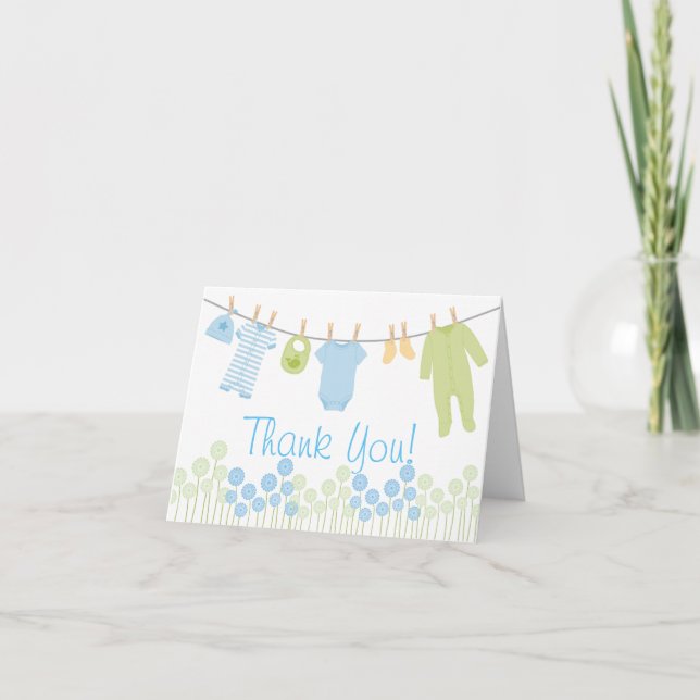 Blue and Green Little Clothes Baby Sprinkle Thank Thank You Card (Front)