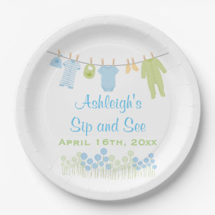 Blue and Green Little Clothes Sip and See Paper Plate