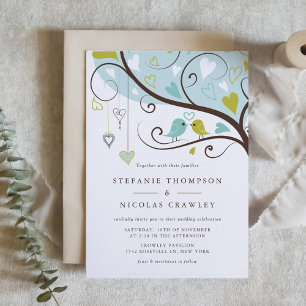 Blue and Green Lovebirds Wedding Invitation