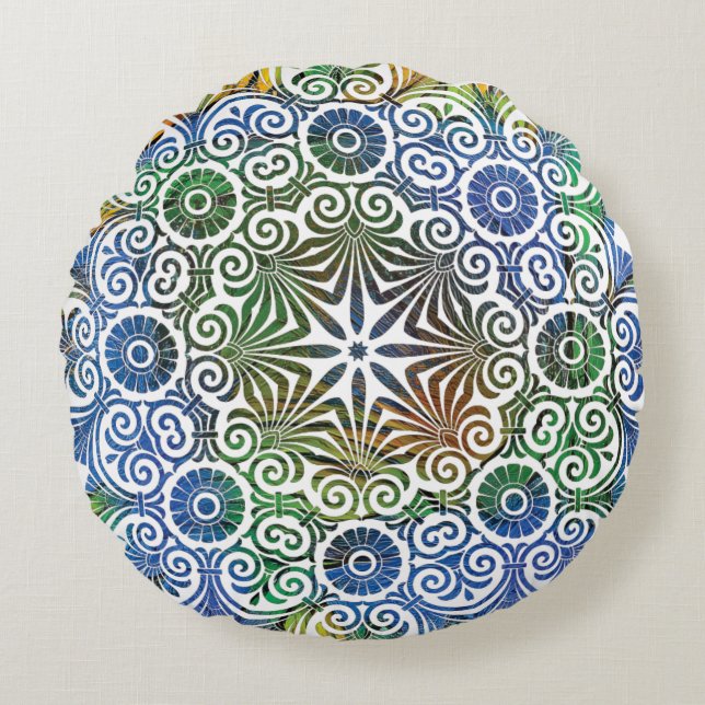 Blue and Green Mandala Round Pillow (Front)