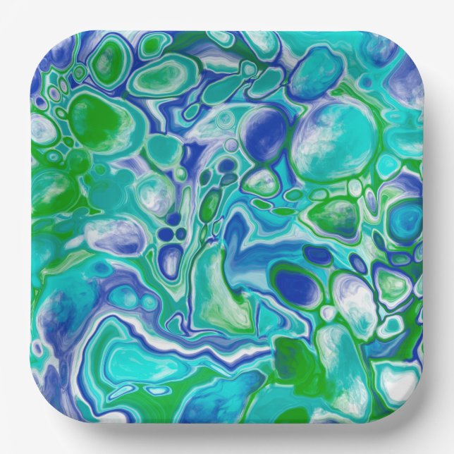 Blue and Green Marble Fluid Art Abstract    Paper Plate (Front)