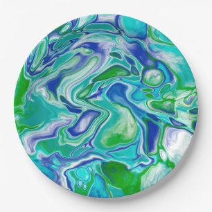 Blue and Green Marble Fluid Art Abstract Paper Plate