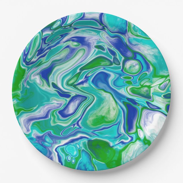 Blue and Green Marble Fluid Art Abstract   Paper Plate (Front)