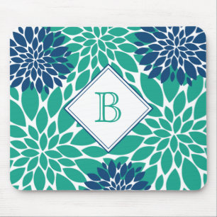 Blue and Green Modern Blooms Initial Monogram Mouse Pad