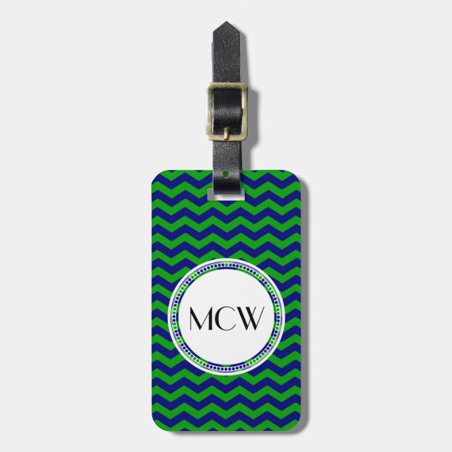 Blue and Green Monogram Chevron Personalised Luggage Tag (Front Vertical)