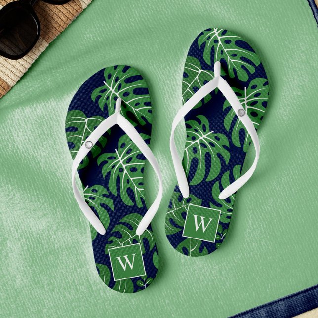 Blue and Green Monogrammed Monstera Leaves Jandals (Creator Uploaded)