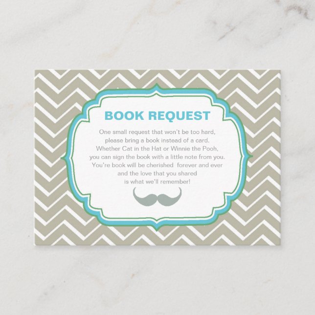 Blue and Green Moustache and Chevron Book Request Enclosure Card (Front)