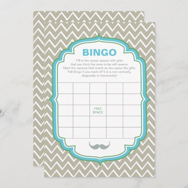 Blue and Green Mustach Baby Shower Bingo Game Card (Front/Back)