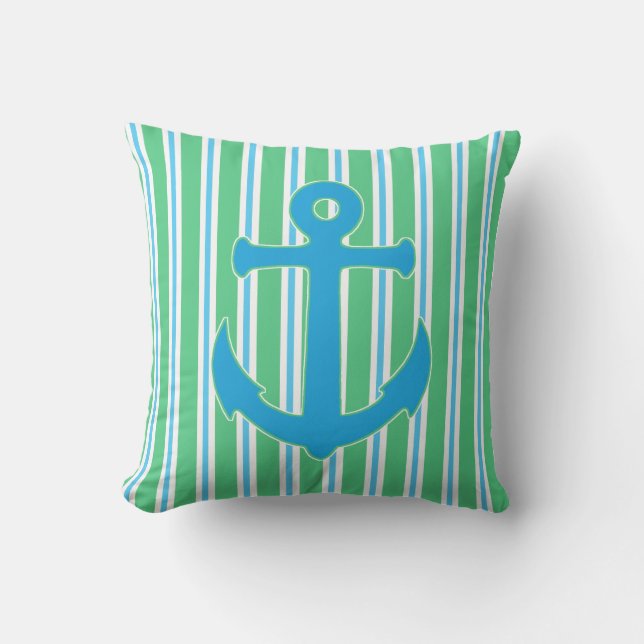 Blue and Green Nautical Anchor Outdoor Pillow (Front)